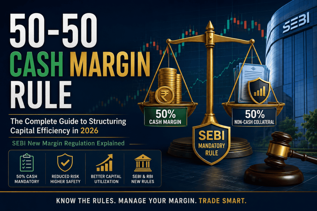 Feature image showing the SEBI 50-50 Cash Margin Rule with a balance scale, cash vs non-cash collateral, stock market chart, and financial regulatory theme for F&O traders.