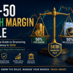 Feature image showing the SEBI 50-50 Cash Margin Rule with a balance scale, cash vs non-cash collateral, stock market chart, and financial regulatory theme for F&O traders.