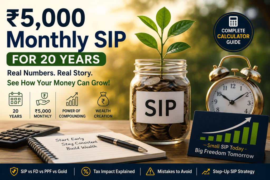₹5,000 monthly SIP for 20 years showing wealth growth, compounding, calculator, investment jar with coins, and financial planning concept.