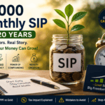 ₹5,000 monthly SIP for 20 years showing wealth growth, compounding, calculator, investment jar with coins, and financial planning concept.