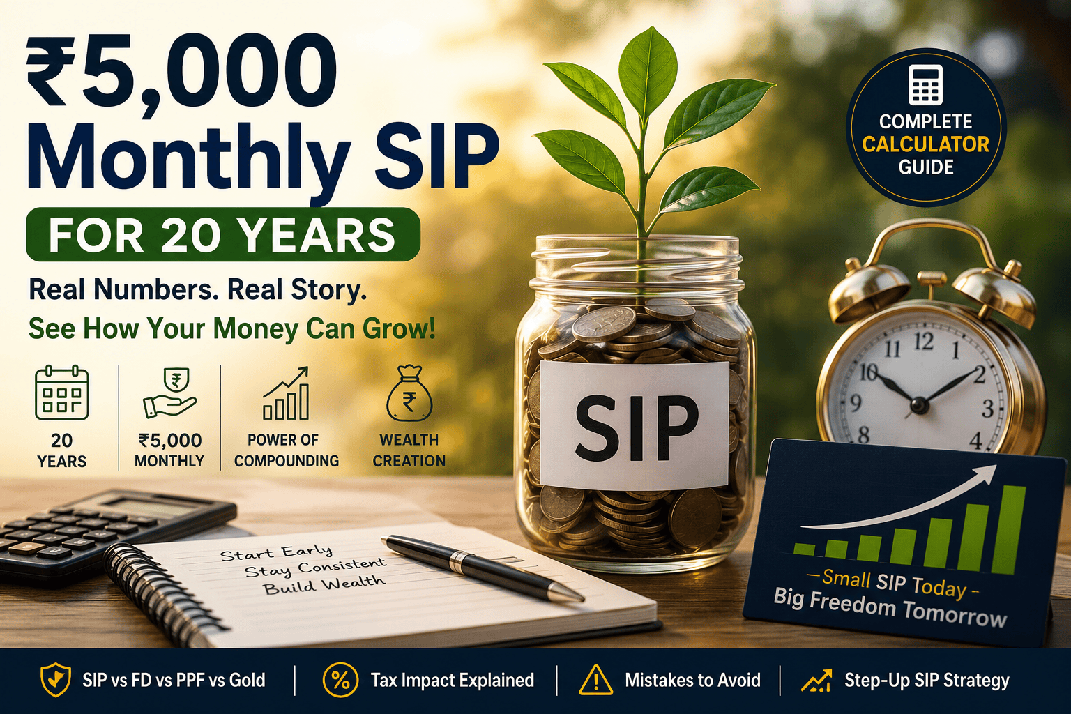 ₹5,000 monthly SIP for 20 years showing wealth growth, compounding, calculator, investment jar with coins, and financial planning concept.