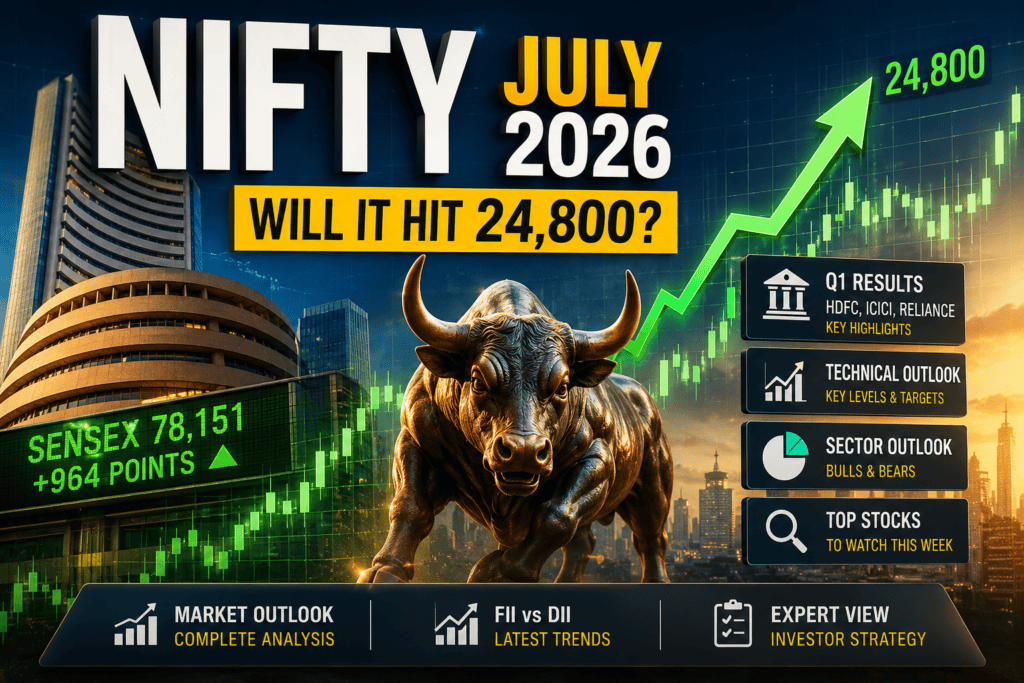 Nifty July 2026 market outlook featuring a charging bull, rising stock chart, Sensex gains, and technical analysis for Indian stock market investors.