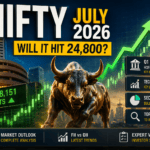 Nifty July 2026 market outlook featuring a charging bull, rising stock chart, Sensex gains, and technical analysis for Indian stock market investors.
