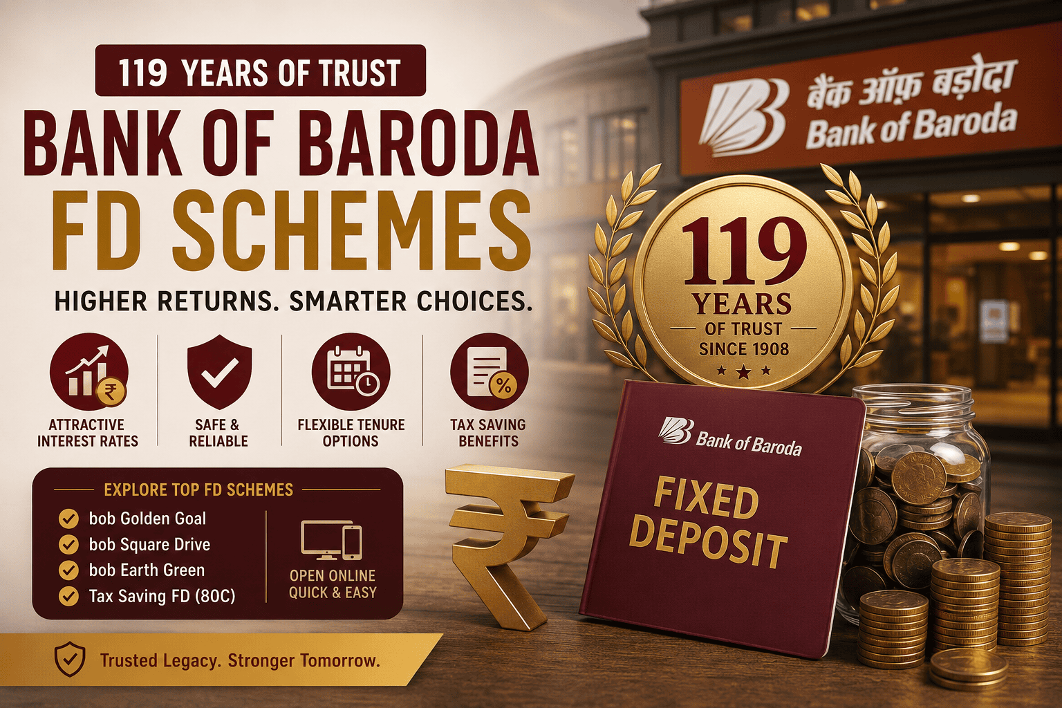 Bank of Baroda FD Schemes 2026 showing fixed deposit options, interest rates, and 119 years of trusted banking