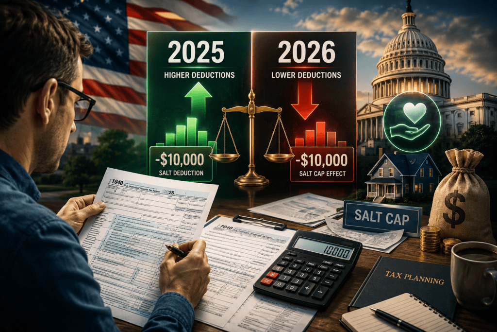 OBBBA Tax Changes 2026 feature image showing charitable deductions, SALT cap changes, IRS tax forms, US Capitol, and tax planning comparison between 2025 and 2026