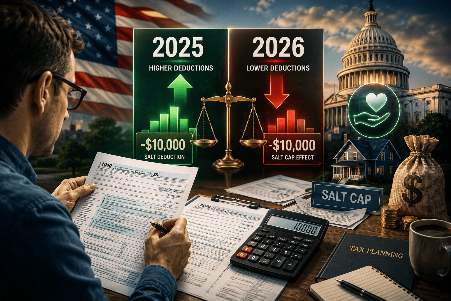OBBBA Tax Changes 2026 feature image showing charitable deductions, SALT cap changes, IRS tax forms, US Capitol, and tax planning comparison between 2025 and 2026