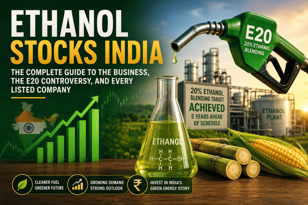 Ethanol Stocks India feature image showing E20 fuel nozzle, ethanol plant, sugarcane, corn, and rising stock market graph representing India's ethanol industry growth.