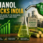 Ethanol Stocks India feature image showing E20 fuel nozzle, ethanol plant, sugarcane, corn, and rising stock market graph representing India's ethanol industry growth.