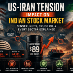 US-Iran tension impact on the Indian stock market with Brent crude oil, Sensex, Nifty, Strait of Hormuz, and geopolitical crisis illustration