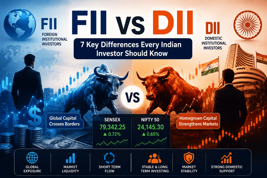 FII vs DII comparison illustration showing Foreign Institutional Investors and Domestic Institutional Investors impacting the Indian stock market, Sensex, and Nifty.