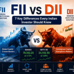 FII vs DII comparison illustration showing Foreign Institutional Investors and Domestic Institutional Investors impacting the Indian stock market, Sensex, and Nifty.