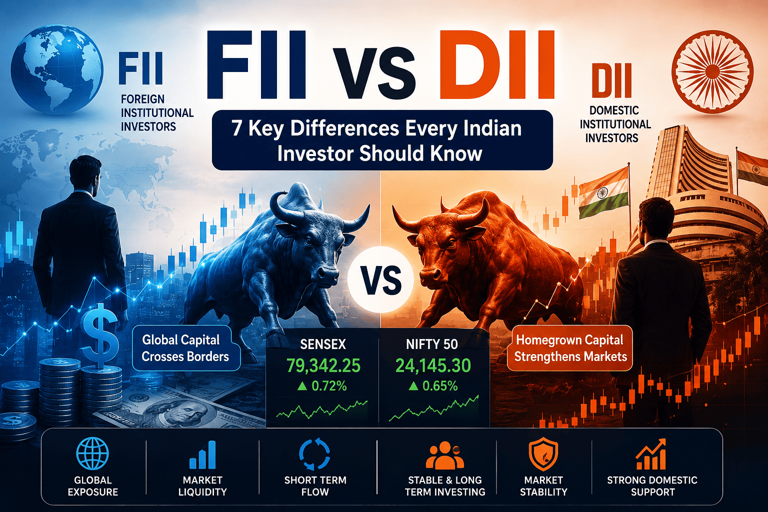 FII vs DII comparison illustration showing Foreign Institutional Investors and Domestic Institutional Investors impacting the Indian stock market, Sensex, and Nifty.
