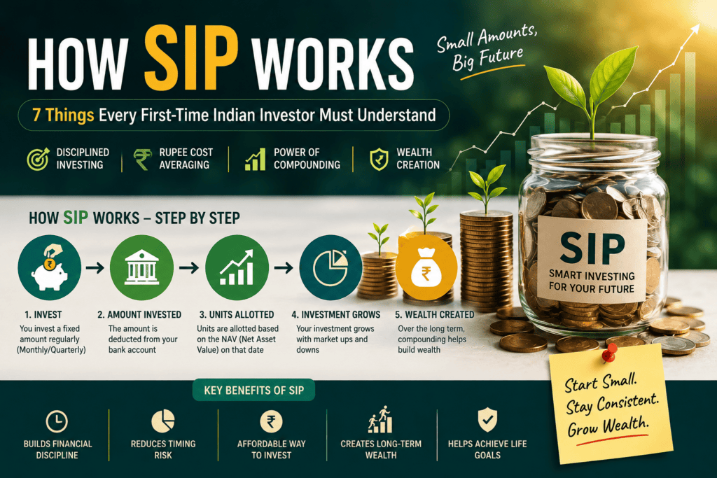 How SIP Works illustration showing systematic investment plan, mutual fund investing, rupee cost averaging, and compounding for Indian investors.