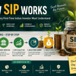 How SIP Works illustration showing systematic investment plan, mutual fund investing, rupee cost averaging, and compounding for Indian investors.