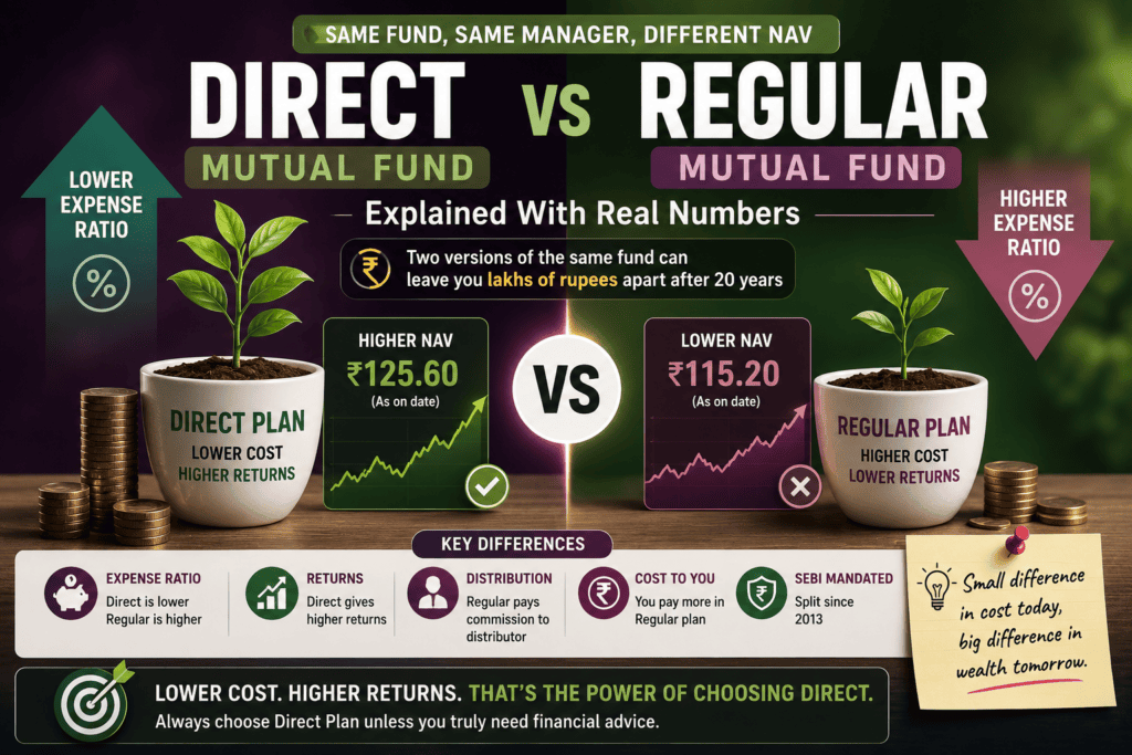 Direct vs Regular Mutual Fund comparison showing expense ratio, NAV difference, SIP returns, and long-term wealth creation for Indian investors.