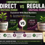 Direct vs Regular Mutual Fund comparison showing expense ratio, NAV difference, SIP returns, and long-term wealth creation for Indian investors.