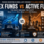 Index Funds vs Active Funds comparison showing passive investing, active fund management, expense ratios, Nifty 50, and long-term wealth creation in India.