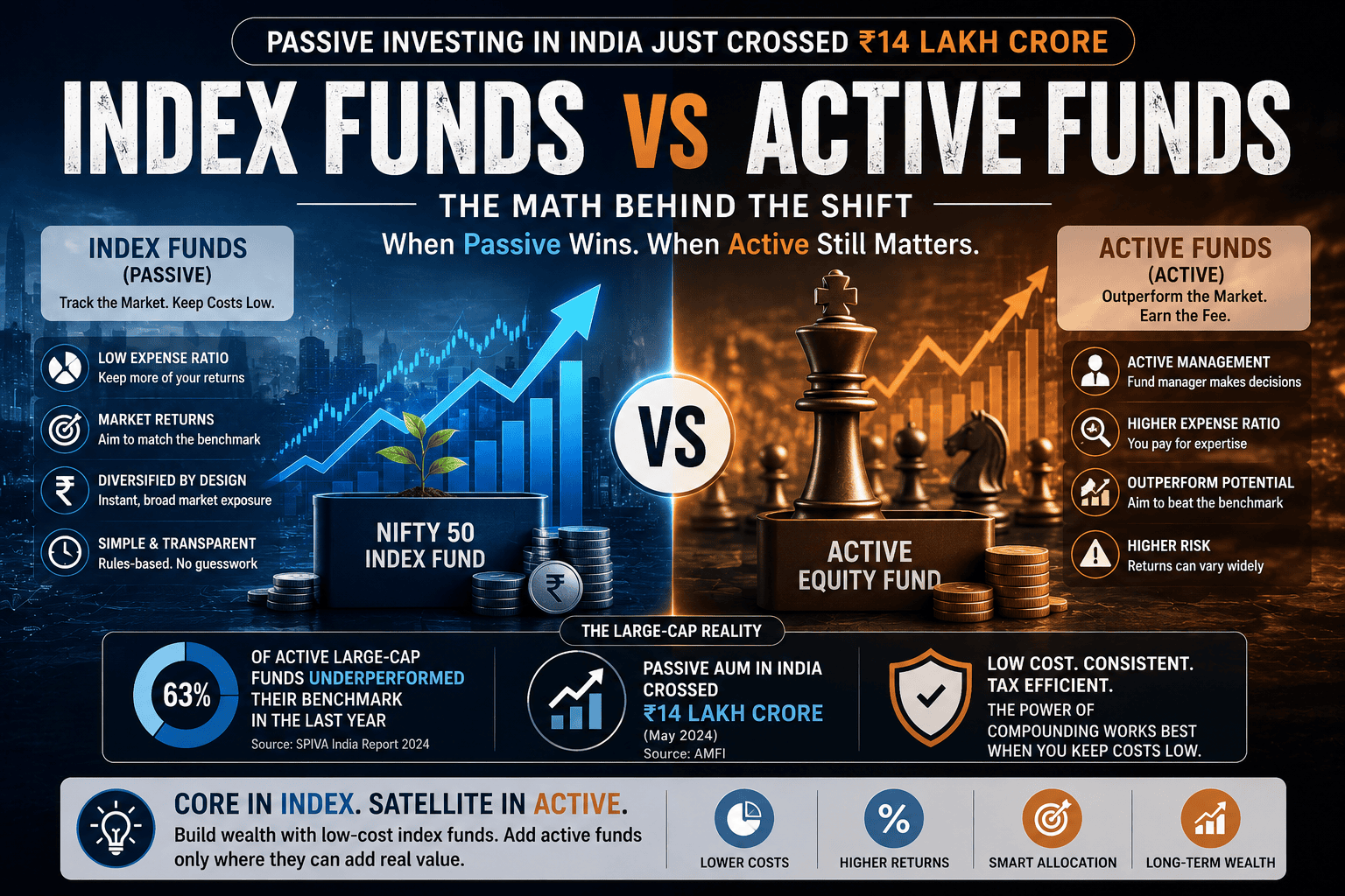 Index Funds vs Active Funds comparison showing passive investing, active fund management, expense ratios, Nifty 50, and long-term wealth creation in India.