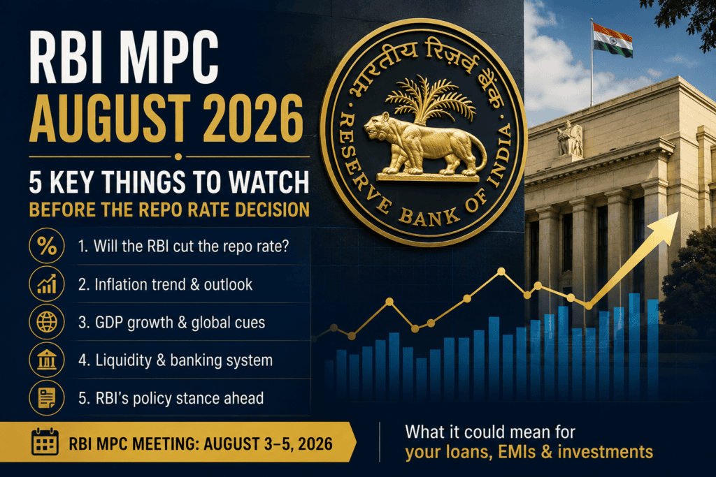 RBI MPC August 2026 feature image showing the Reserve Bank of India logo, RBI headquarters, repo rate decision, inflation outlook, GDP growth, and financial market trends.