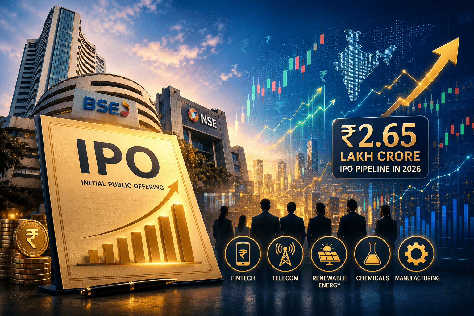 India IPO Pipeline 2026 feature image showing BSE and NSE buildings, a rising IPO document, stock market charts, ₹2.65 lakh crore IPO pipeline, and investors against a modern financial skyline.