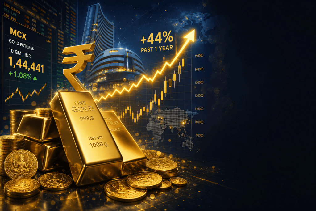Gold Price Rally 2026 feature image showing gold bars, gold coins, a rising 44% price chart, Indian rupee symbol, MCX gold futures, and global market trends.