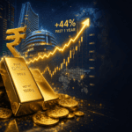 Gold Price Rally 2026 feature image showing gold bars, gold coins, a rising 44% price chart, Indian rupee symbol, MCX gold futures, and global market trends.