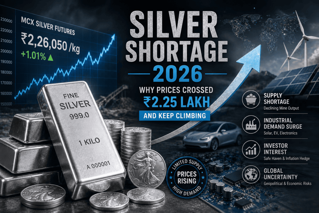 Silver Shortage 2026 feature image showing silver bars, silver coins, rising MCX silver futures chart, industrial demand, and a global supply shortage driving prices above ₹2.25 lakh per kilogram.