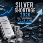 Silver Shortage 2026 feature image showing silver bars, silver coins, rising MCX silver futures chart, industrial demand, and a global supply shortage driving prices above ₹2.25 lakh per kilogram.