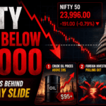 Nifty 50 falls below 24,000 with a sharp market decline, highlighting rising crude oil prices, FII selling, and U.S. pharma tariff concerns affecting the Indian stock market.