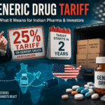 US Generic Drug Tariff feature image showing Donald Trump, pharmaceutical exports from India, generic medicine bottles, cargo containers, and the impact on Indian pharma stocks.