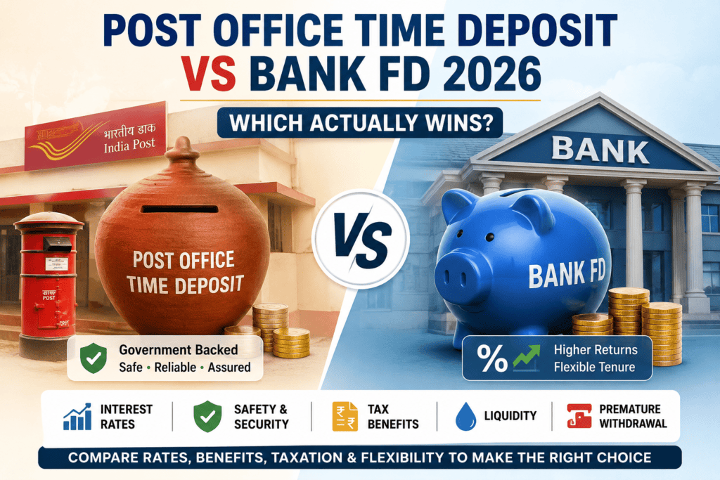 Featured image comparing Post Office Time Deposit and Bank Fixed Deposit (FD) 2026 with India Post, bank building, piggy bank, coins, and investment comparison for better returns and safety.