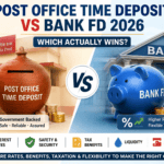 Featured image comparing Post Office Time Deposit and Bank Fixed Deposit (FD) 2026 with India Post, bank building, piggy bank, coins, and investment comparison for better returns and safety.