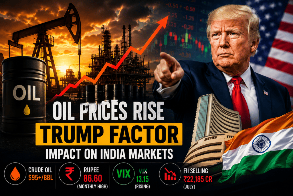 Donald Trump with rising oil prices, crude oil barrels, refinery, and stock market charts showing the impact of higher oil prices on the Indian stock market and Sensex.
