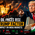 Donald Trump with rising oil prices, crude oil barrels, refinery, and stock market charts showing the impact of higher oil prices on the Indian stock market and Sensex.