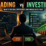 Trading vs Investing comparison showing short-term trading and long-term investing strategies with stock market charts, wealth growth and financial planning.