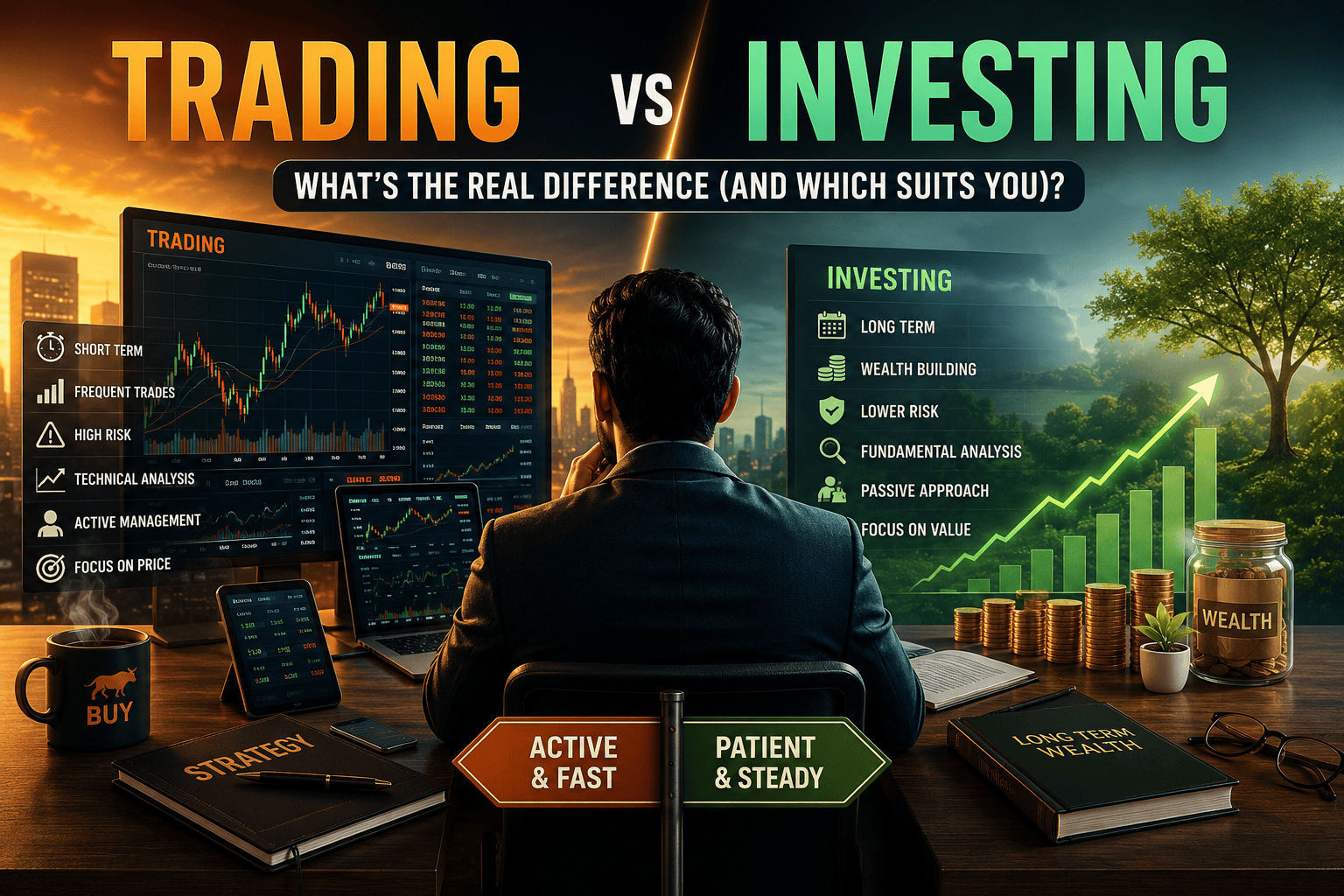 Trading vs Investing comparison showing short-term trading and long-term investing strategies with stock market charts, wealth growth and financial planning.