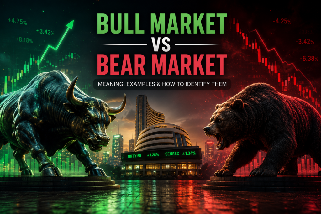 Bull market vs bear market comparison showing rising and falling stock market trends