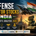 Indian defense sector stocks 2026 analysis showing fighter jet military equipment and rising stock market chart
