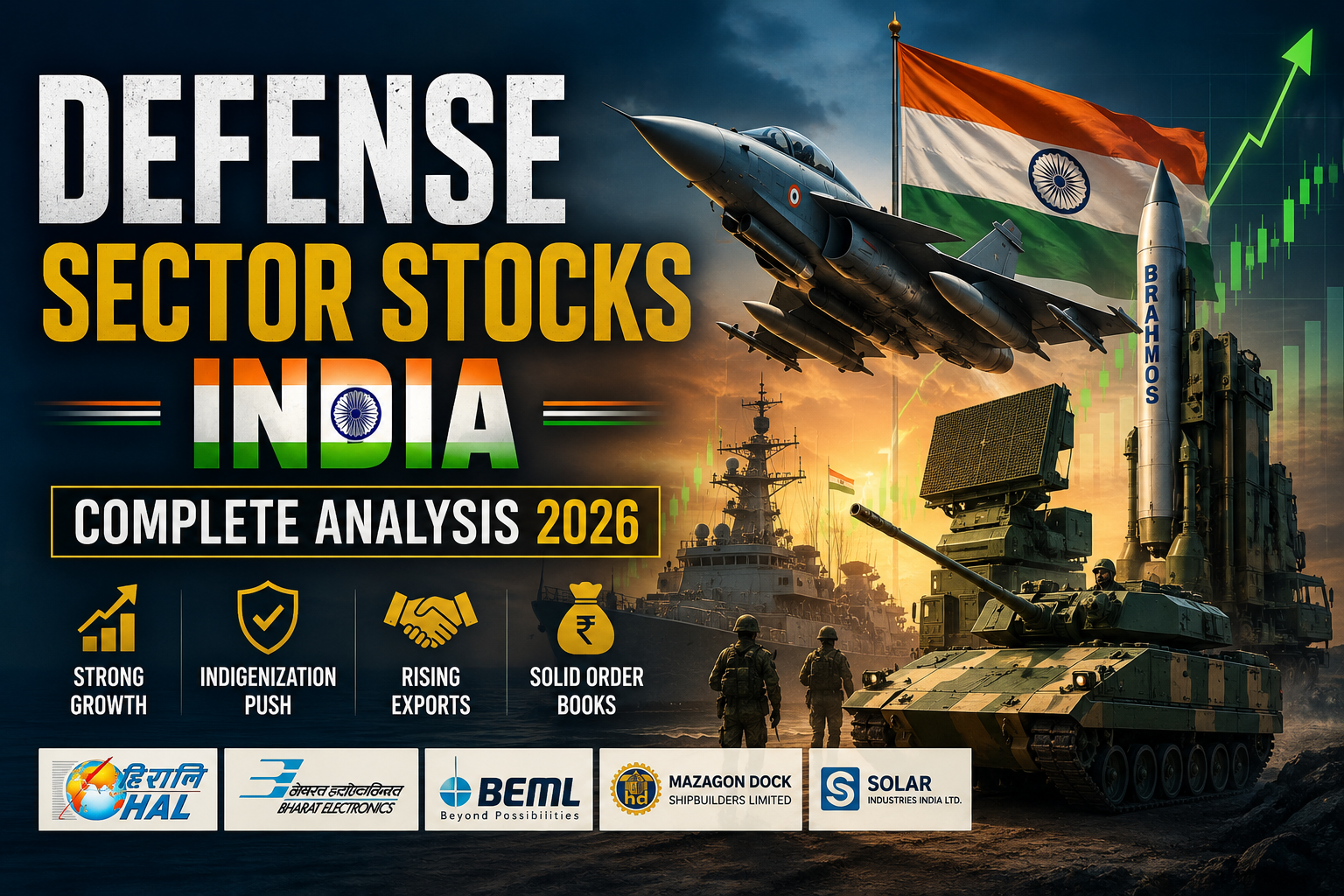 Indian defense sector stocks 2026 analysis showing fighter jet military equipment and rising stock market chart