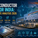 Semiconductor sector India 2026 illustration showing chip manufacturing facility, semiconductor wafer, digital India map, fab investment, and semiconductor industry growth.
