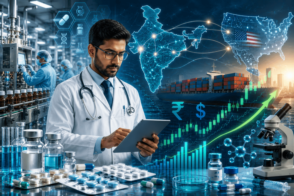 Indian doctor reviewing pharmaceutical data with medicine manufacturing facility, US export map, stock market growth chart, and India's pharma sector analysis in 2026.