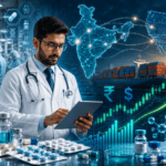 Indian doctor reviewing pharmaceutical data with medicine manufacturing facility, US export map, stock market growth chart, and India's pharma sector analysis in 2026.