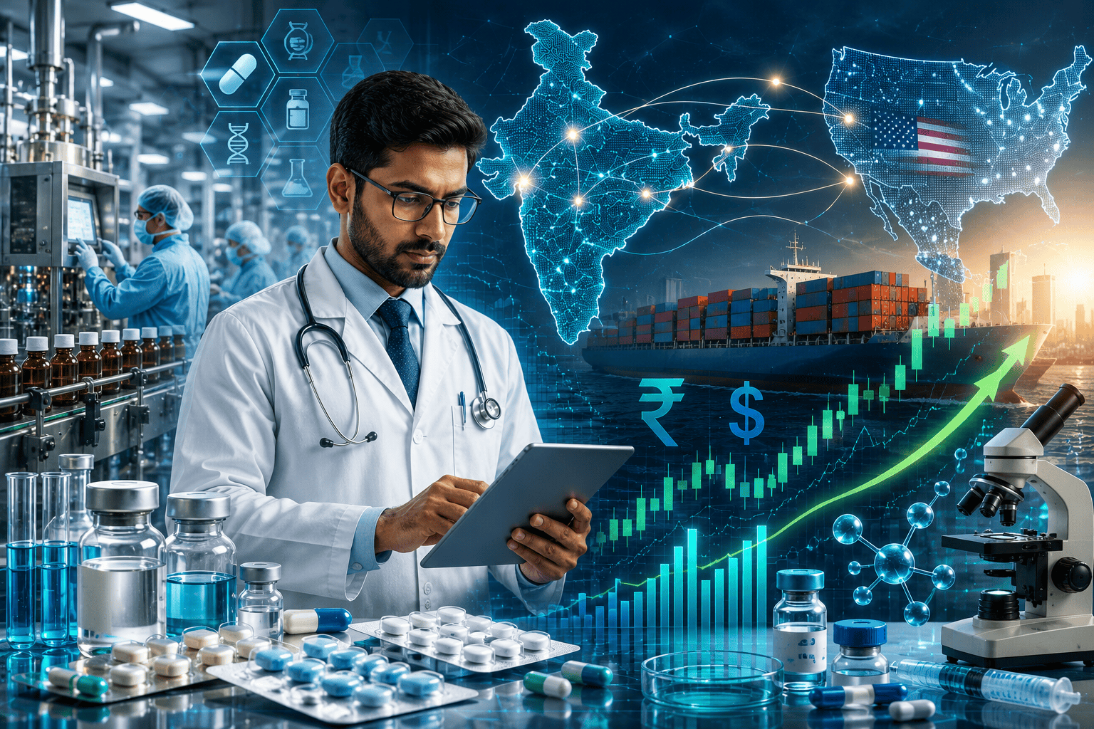 Indian doctor reviewing pharmaceutical data with medicine manufacturing facility, US export map, stock market growth chart, and India's pharma sector analysis in 2026.
