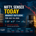 Nifty Sensex Today market outlook for July 24 2026 featuring BSE building, crude oil barrel, falling stock market chart and global market cues.