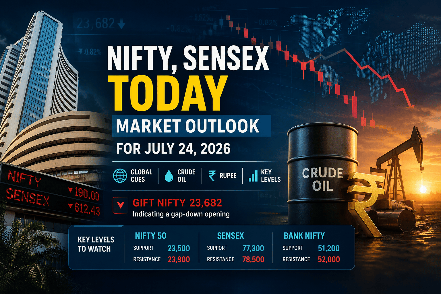 Nifty Sensex Today market outlook for July 24 2026 featuring BSE building, crude oil barrel, falling stock market chart and global market cues.