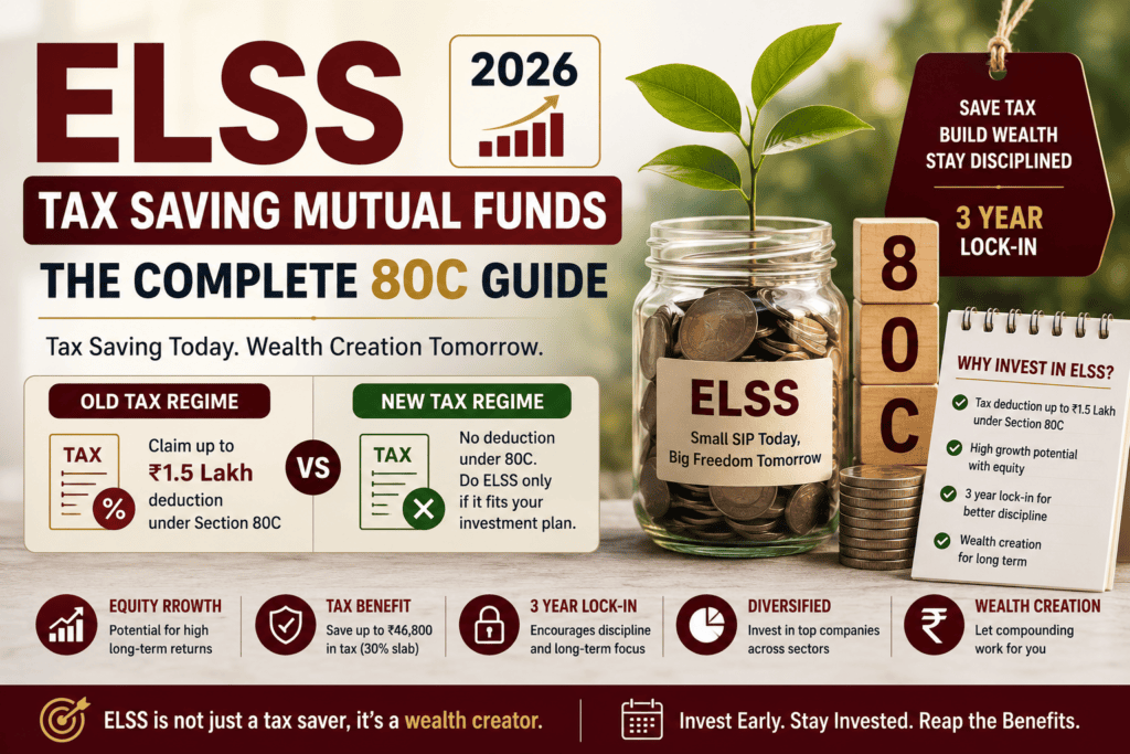 ELSS Tax Saving Mutual Funds 2026 feature image showing Section 80C tax deduction, old vs new tax regime, 3-year lock-in, and long-term wealth creation through equity mutual funds.