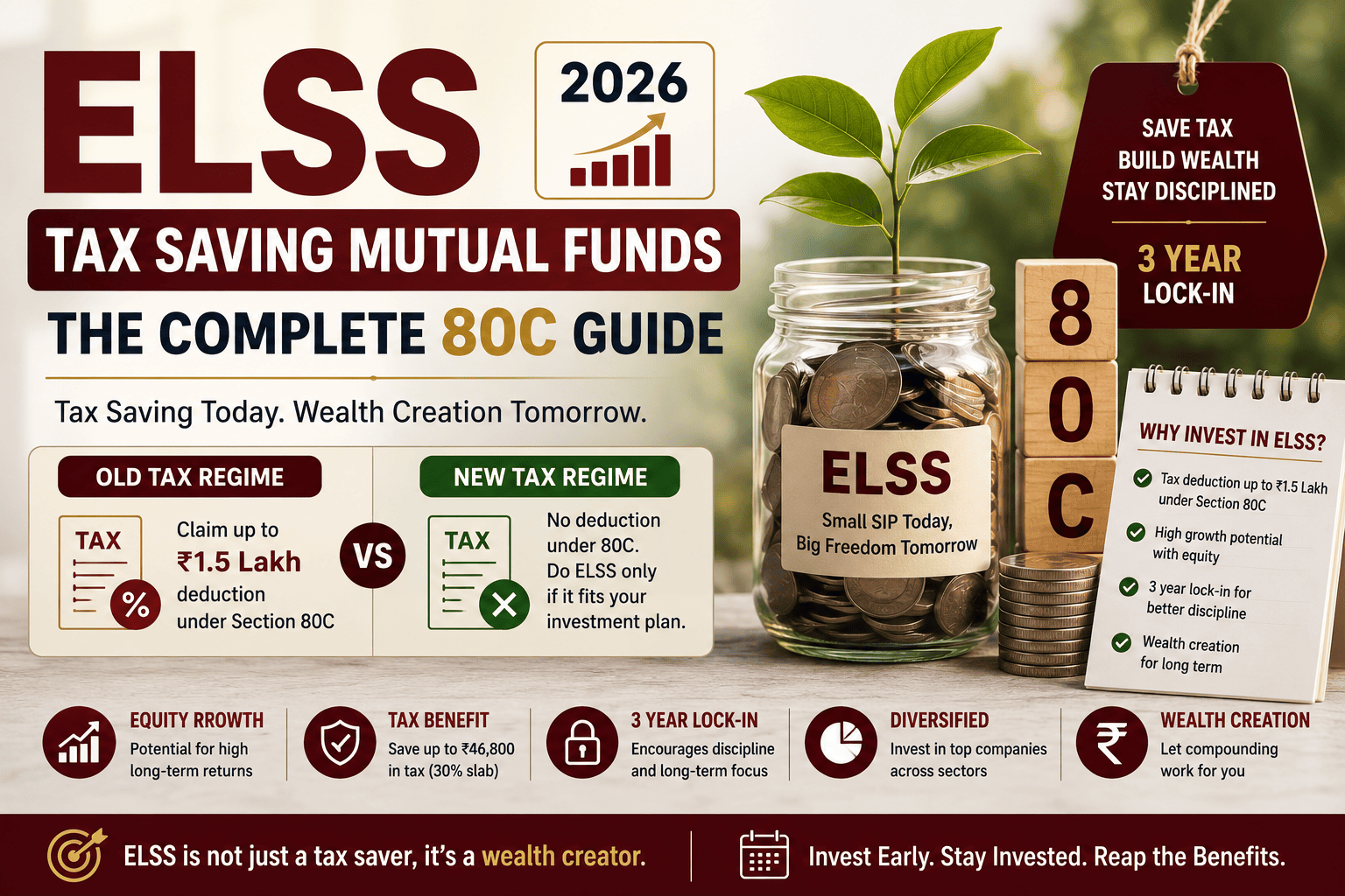 ELSS Tax Saving Mutual Funds 2026 feature image showing Section 80C tax deduction, old vs new tax regime, 3-year lock-in, and long-term wealth creation through equity mutual funds.