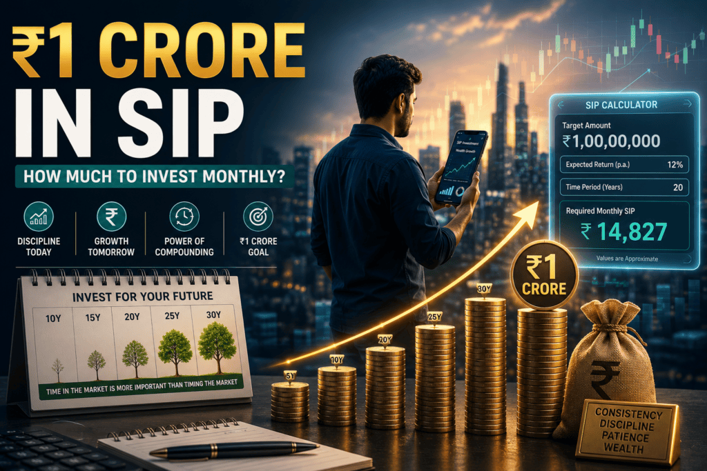 ₹1 Crore SIP monthly investment calculator showing required monthly SIP, compounding growth, investment timeline, and wealth creation for long-term financial goals.