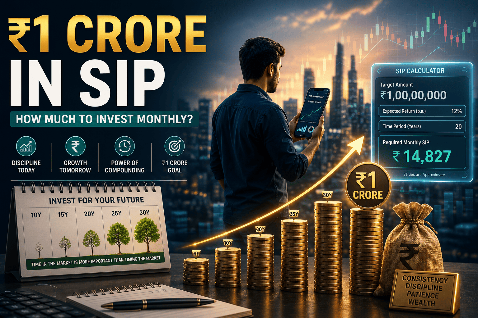 ₹1 Crore SIP monthly investment calculator showing required monthly SIP, compounding growth, investment timeline, and wealth creation for long-term financial goals.