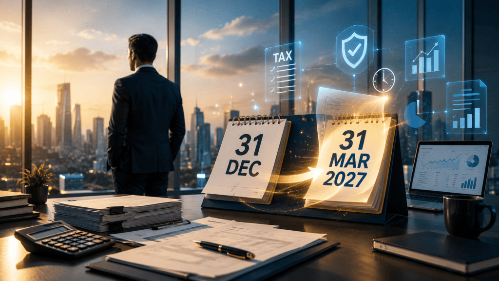 Revised ITR Deadline 2027 feature image showing the revised return deadline extended from 31 December to 31 March 2027 with tax documents and financial planning.